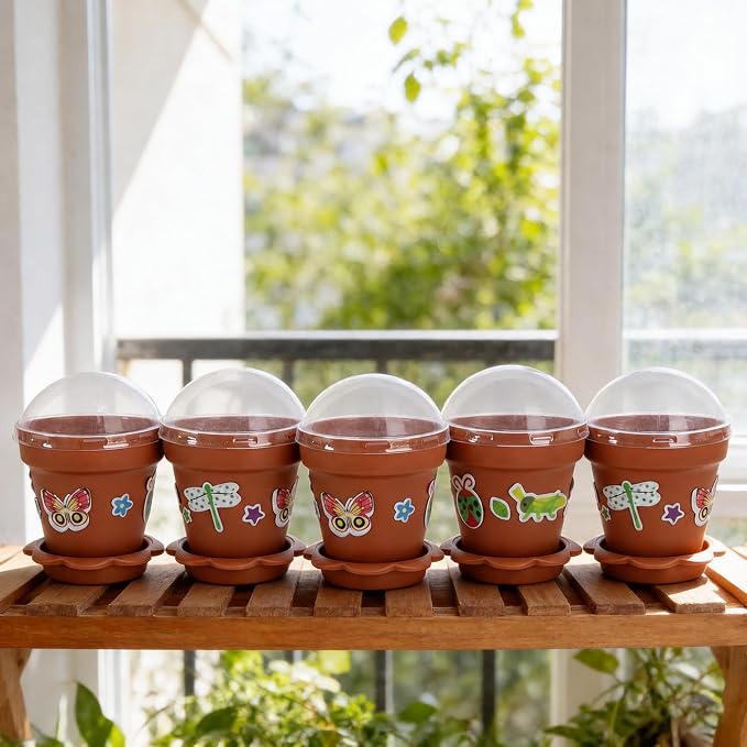 25 Packs Cupcake Plant Nursery Pots with Humidity Dome, Small Plastic Flower Plant Pots with 20 Sheet Stickers, Seeds Starter Pot Flower Planting Container for Seedlings Succulent Display (Wine Red)