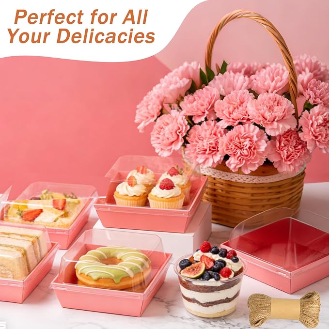 20Pcs Small Charcuterie Boxes with Clear Lids - Paper Mini Charcuterie Boxes To Go, Disposable Food Container with Lid, Dessert Boxes for Sandwich, Cookie, Sushi, Cake Slice, and Strawberries, Pink
