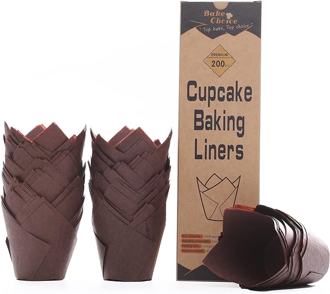 Bake Choice 200pcs Brown Tulip Cupcake Liners for Baking Cups European Parchment Paper Tulip Muffin Liners, Nordic Paper Cupcake Wrapper for Party, Christmas, Standard Size
