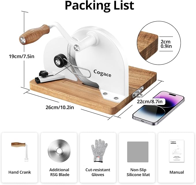 Foldable Manual Bread Slicer with Dual German RSG Blades, Homemade & Sourdough Bread, Adjustable Thickness & Scale, Hand Crank Cutter, Durable Aluminum Alloy Body & Acacia Wood Base
