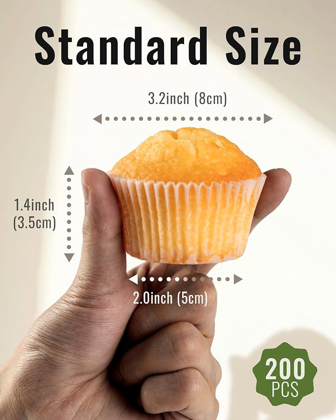 Bake Choice 200pcs Standard White Cupcake Liners for Baking, Upgraded Natural Muffin Liners, Balance Non-Stick & Non-Slip, Greaseproof Parchment Paper, Cupcake Wrapper for Party, Wedding, Christmas