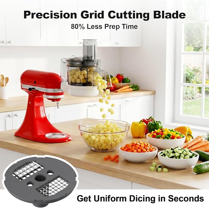 Food Processor Attachment for KitchenAid, 5-in-1 Vegetable Chopper & Dicer with Stainless Steel Blades, Includes Dicing, Slicing, Shredding, Strip Cutting, Sauce Discs and Storage Case by Focollk