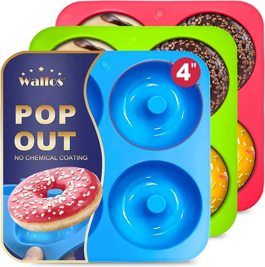 Walfos Full Size Silicone Donut Mold - 4 Inch Big Size Silicone Doughnut Pan Set, Non-Stick, Just Pop Out! Heat Resistant, BPA FREE and Dishwasher Safe, for Donut Cake Biscuit Bagels (3PK)