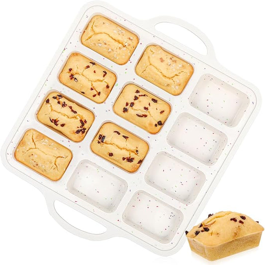 FUNBAKY Silicone Mini Loaf Pans with Metal Reinforced Frame,12-Cavity Nonstick Mini bread loaf pans for Baking Cornbread,Bread,Brownie,Cheesecake -1Pc