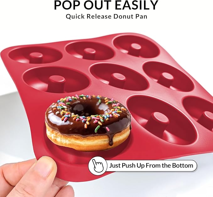 Large Silicone Donut Pan for Baking, 9 Cavity Non-Stick Food Grade Silicone Donut Molds, Doughnut Pan and Bagel Pans for Baking & Kitchen, BPA Free 11.2 x 11.1 Inches, Dishwasher Safe - Bright Red
