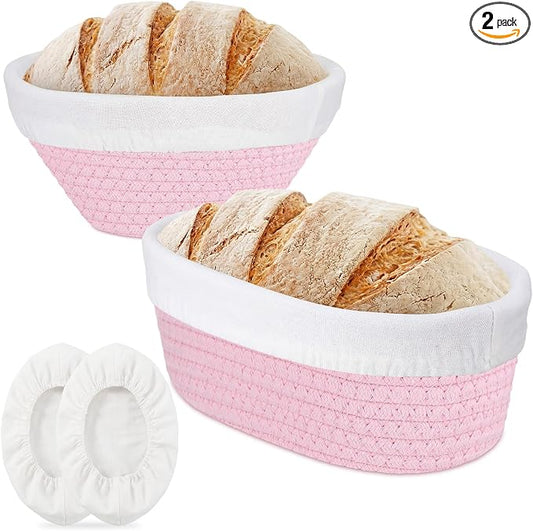 2 Pcs Cotton Rope Banneton Bread Proofing Basket Set 9 Inch Round and 10 Inch Oval Banneton Basket Sourdough Bread with Liners Covers for Baking Supplies (Pink)