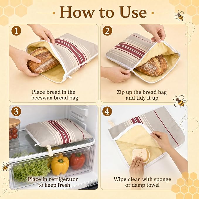 2 Pack XL Beeswax Bread Bags for Sourdough, Organic Beeswax Linen Cotton Bread Storage Bags with Bowl Cover & Cleaning Sponge Set, Fresh Bread Freezer Bags with Sealing Zip for Homesteading
