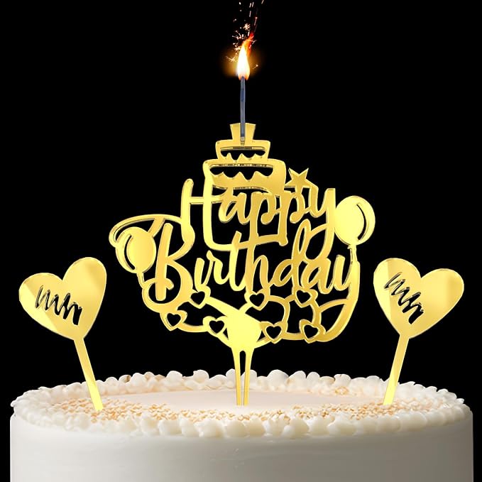 Happy Birthday Cake Candle Topper for Birthday Party Decorations, Acrylic Golden, 2 Hearts