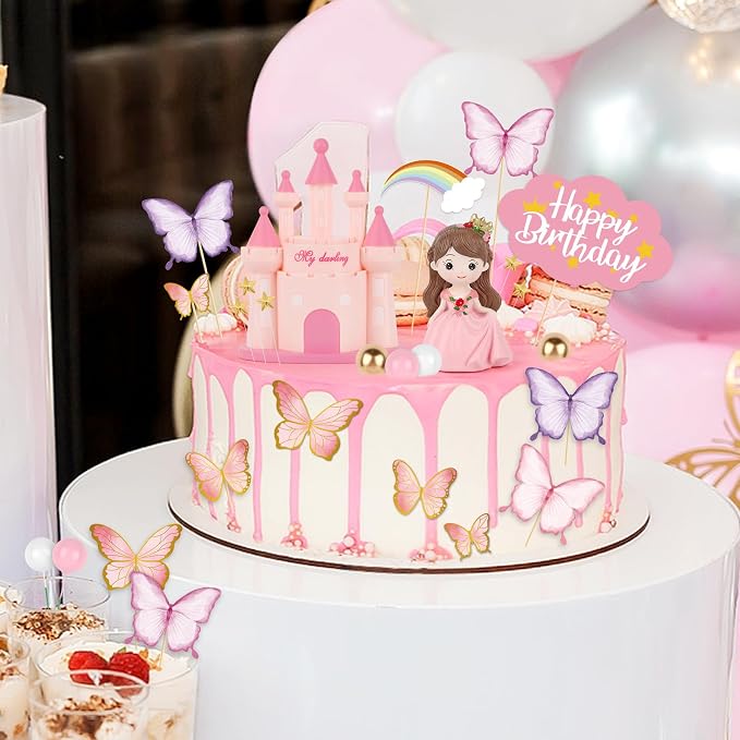 Hooqict 33PCS Princess Cake Decorations Set with Butterflies, Balls, Castle Cake Toppers & Cupcake Toppers for Girls Princess Birthday Party Decorations Tea Party Supplies