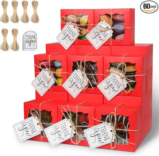 KPOSIYA 60 Pcs Red Bakery Boxes with Window Individual Cupcake Boxes 4x4x2.5 Inches Cookie Boxes Kraft Paper Red Gift Box for Pastries, Cookies, Pie, Donuts, Macaroon
