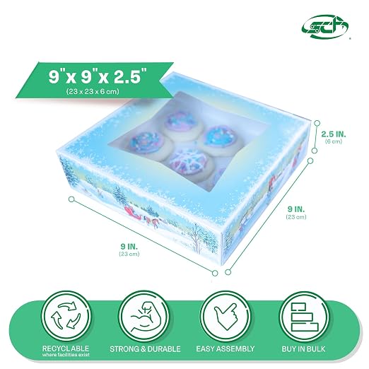 SCT Winter Wonderland Pie Boxes with Window (150 Quantity), 9x9x2.5, Christmas Cookie, Gingerbread, Holiday Bakery Treat, and Dessert Boxes for Pies & Cookies, 2496