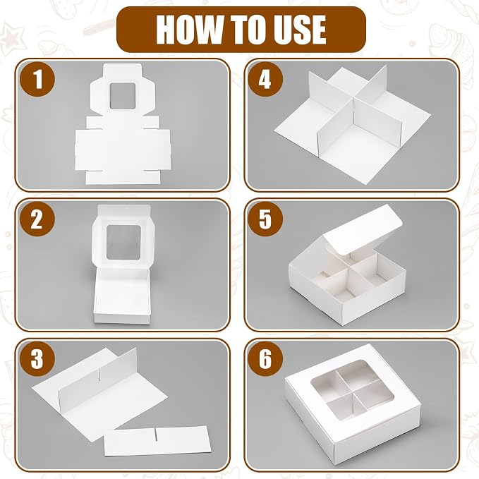 50 Pcs Kraft Treat Boxes with Window and Dividers, Empty Candy Truffle Baking Boxes, Square Cupcake Cookies Containers for Wedding Gift Giving (5.91 x 5.91 x 1.97 Inches,White)