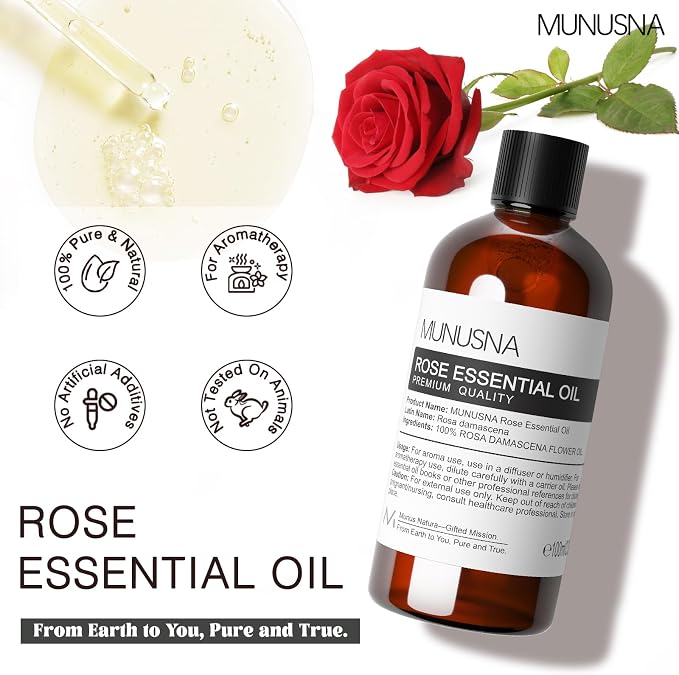 Rose Essential Oil 100ML, 100% Pure Natural Rose Oil for Hair Face Skin Care, Premium Grade Essential Oils for Diffuser, Skin, Care Massage, Yoga, Bath, Soap and Candle Making