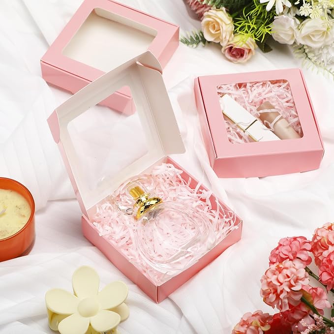 Zonon 30 Pcs Kraft Paper Boxes with Window 4.13 x 4.13 x 1.18 Inch Candy Packaging, Small Gift Boxes, Soap holder, Mini Treat Packaging for Bakery Chocolate Jewelry Display (Pink)
