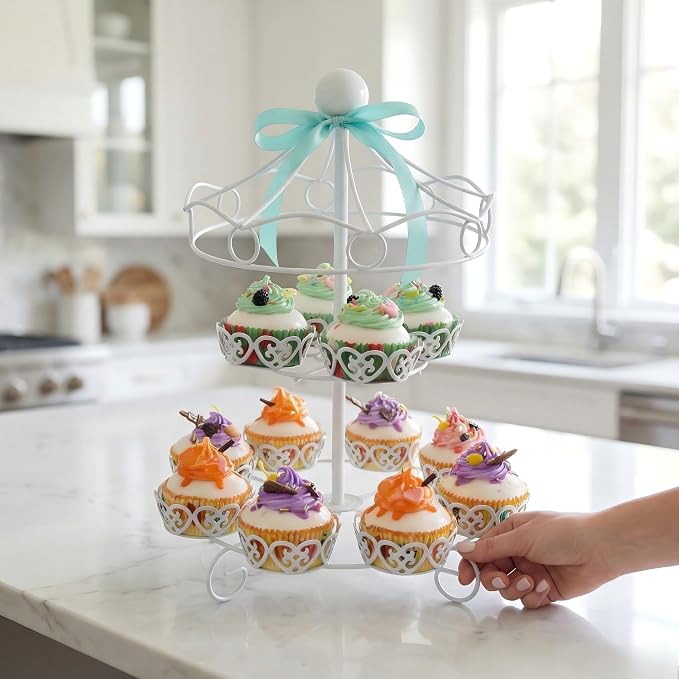 ASkinds Carousel Cupcake Stand Dessert Serving Tray, 12-Cups Iron Cake Display Rack Cupcake Stand for Carnival and Circus Theme Party Wedding Party Furnishing Accessories (White)