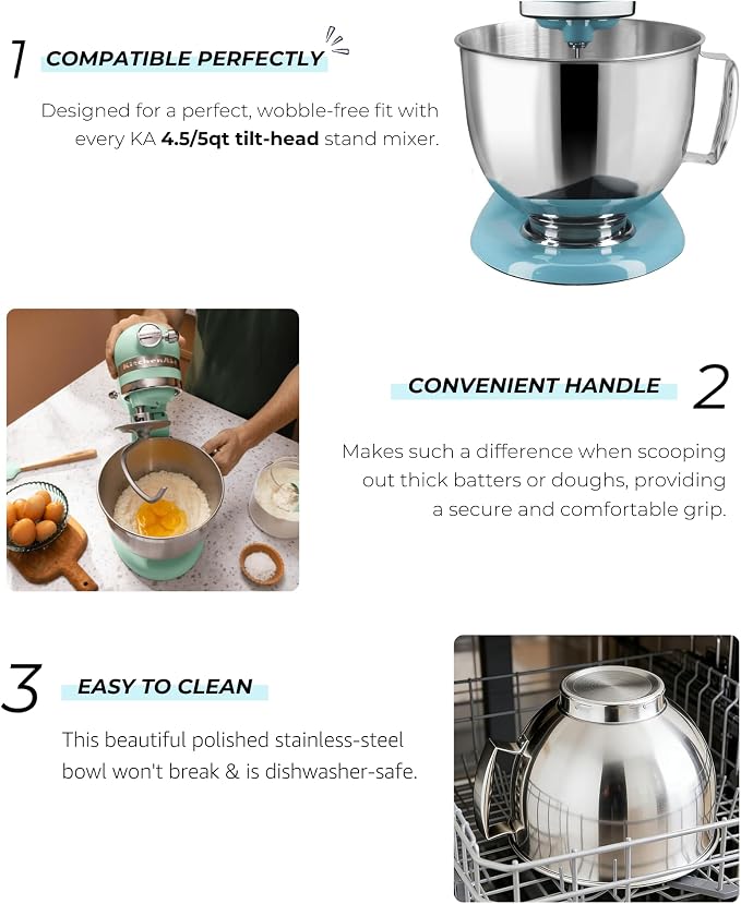 5 Quart Stainless Steel Mixer Bowl Compatible with 4.5-Quart & 5 Quart KITCHENAID TILT-HEAD STAND MIXERS,【Durable Dual-sided Sliding Mat Included】
