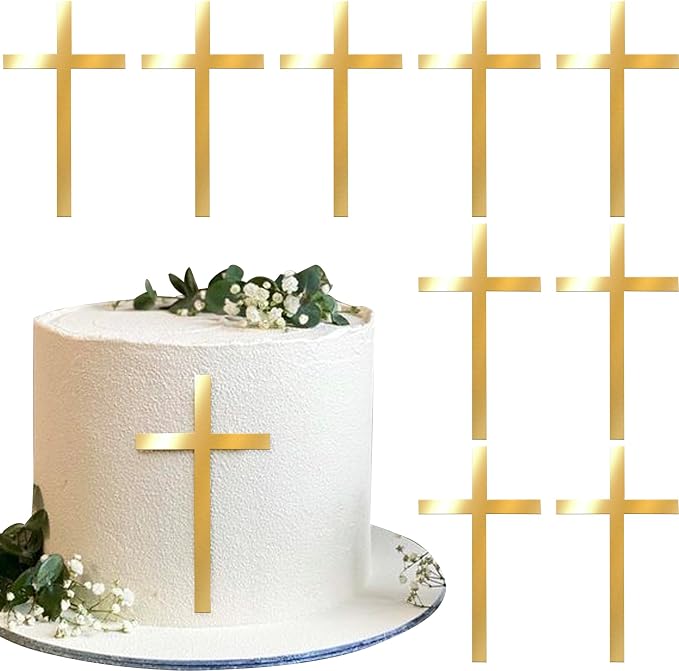 Rsstarxi 10 Pack Acrylic Cross Cake Topper Christian Baptism God Bless Cake Pick for First Communion Theme Baby Shower Birthday Party Cake Decorations Supplies Gold
