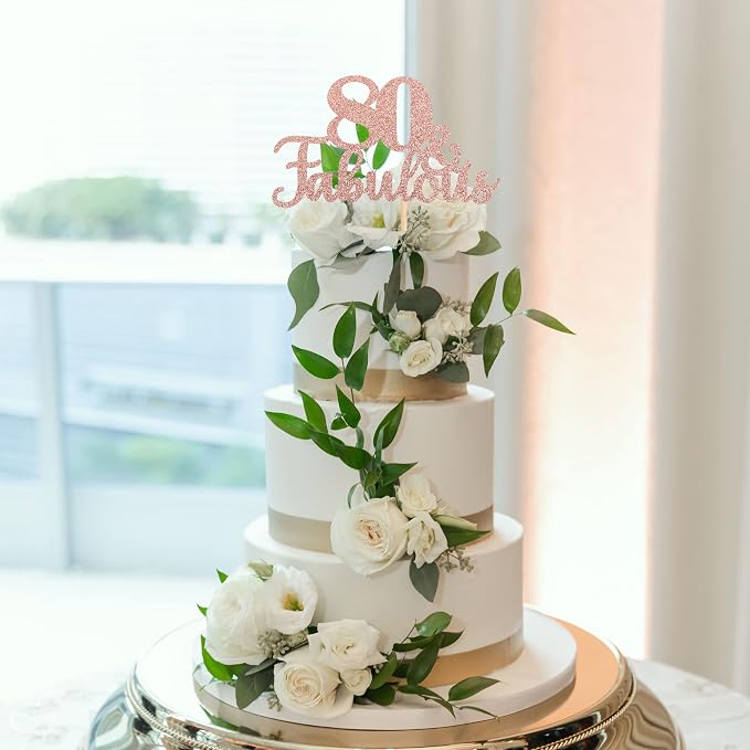 1 PCS 80 & Fabulous Cake Topper Glitter Eighty and Fabulous Cake Toppers Happy 80th Birthday Cake Pick for 80th Wedding Anniversary Birthday Party Cake Decorations Supplies Rose Gold