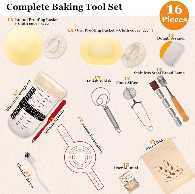 16-Piece sourdough bread baking supplies Set - Foldable Silicone banneton bread proofing basket (Round & Oval) - proofing basket with sourdough tools & jar - Ideal for Home & Pro Bakers
