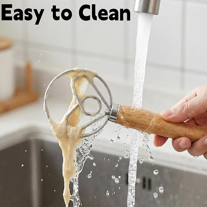 TEEVEA Danish Dough Whisk, Stainless Steel Wood Handle for Sourdough Bread | Dishwasher safe, non-stick, effortless mixing, dutch dough stirrer, for bread batter pastry, sourdough baking tool