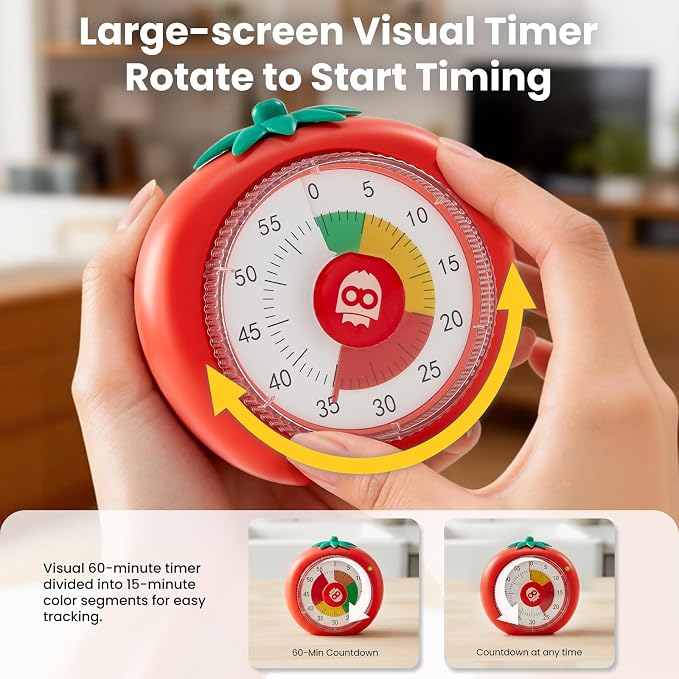 Magnetic Visual Timer, 60-Minute Countdown for Kitchen Classroom Homework | 4-Color Zone Dial with Cute Design, Kids Timer with Pomodoro Mode Time Management Tool for ADHD, Cooking & Baking