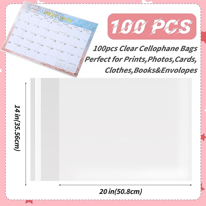 LEOSINDA 100 Pcs Clear Cellophane Bags, 14x20 Inch Resealable Cellophane Plastic Bags Self Adhesive for Clothes, T-Shirts, Party Favors, Pants, Postcard Artwork & Decorative Wrappers and More