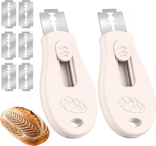 Bread Lame Sourdough Scoring Tool, Extractable & Magnetic Bread Scoring Tool, Scoring Knife for Bread Baking, Bread Razor for Homemade Bread, Sourdough Scorer Tool, Includes 5 Razor Blades-Beige（2PCS）