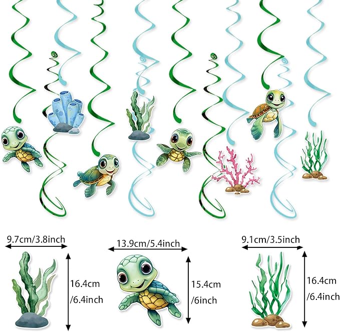 Zwiebeco Sea Turtle Happy Birthday Party Decoration Banner Bunting Garland Hanging Paper Swirls Kit for Ocean Animals Marine Organism Themed Boys Girls Kids Baby Shower Accessories Supplies
