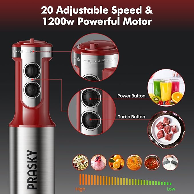 Immersion Blender Handheld 1200W, 5-in-1 Hand Blenders, 20 Speeds Hand Mixer, Stainless Steel Blades, Milk Frother Wand, Whisk, Beaker, Suitable for Kitchen, Protein Shakes and Baby Food (Red)