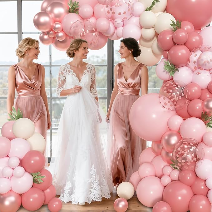 Amandir 153pcs Dusty Pink Balloon Garland Arch Kit, Different Sizes 18 12 10 5 inch Retro Pink Sand White Latex Confetti Balloons for Women Bridal Shower Birthday Party Decorations