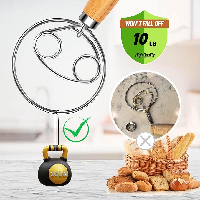 Danish Dough Whisk Stainless Steel Wooden Handle for Sourdough Bread Pizza and Pastry Making