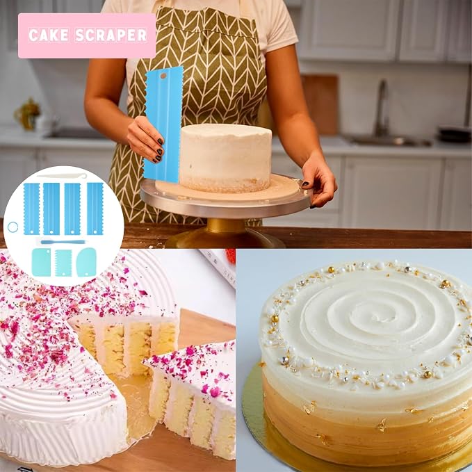 9PCS Cake Scraper Set with Cake Scraper Smoother Set, Adjustable Icing Scraper Polisher Tool, Cake Decorating Comb, Icing Smoother Plastic Sawtooth,Cake Icing Kitchen Baking Cake Edge(Blue)