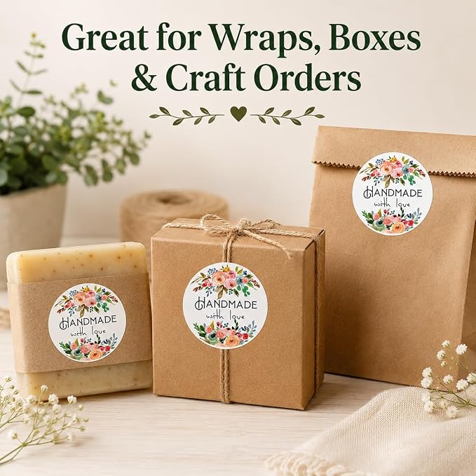 Handmade Floral Stickers Labels: Strong Adhesive 120 Pcs 1.6" Round Seals for Bakery Treat Bags Gift Wrap Envelope Closing for Small Business Packaging Wedding Shower Favors