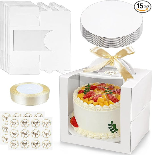 MUMULULU 15 PCS 8 x 8 x 8 Inches Cake Boxes with Carry Handles and Cake Boards Bakery Boxes with Silk Ribbon and Stickers for Cakes Pastries Birthday Party Wedding (White 8×8×8)