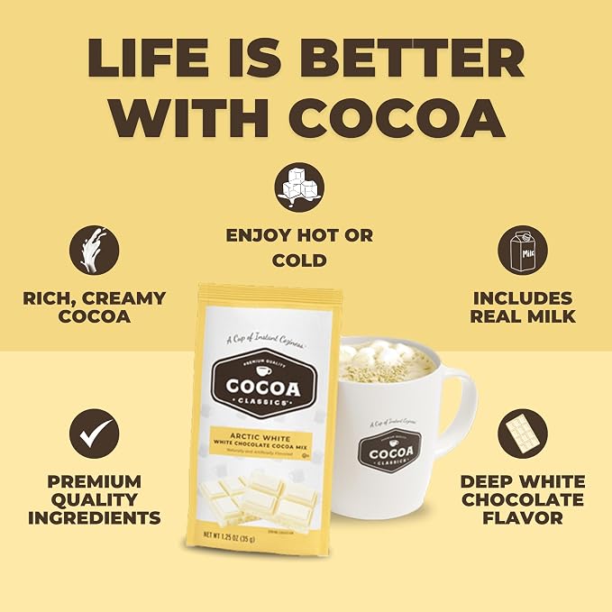 Cocoa Classics Arctic White Cocoa Mix, Hot or Iced, 1.25oz, 36 Pack | Arctic White cocoa mix with creamy white chocolate flavor; just add water for rich hot or iced cocoa, made with nonfat milk