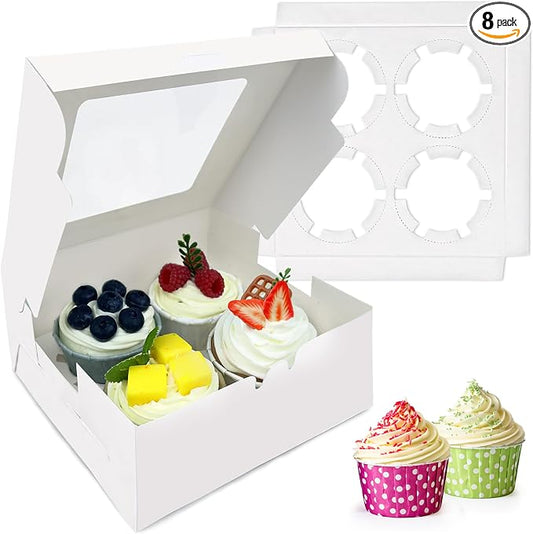 MUMULULU 8 PCS White Paper Cupcake Boxes with 4 Cavity Cookie Gift Boxes with Clear Window 4 Treat Holder Cupcake Containers Bakery Cake Box for Birthday Party Bakery Supplies
