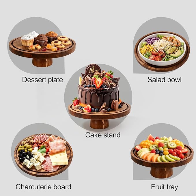 Acacia Wood Cake Stand with Lid, 12in Cake Stand with Acrylic Dome (Not Glass), 2-In-1 Cake Display Stand for Charcuterie Board, Chips & Dips, Fruit Platter, Wedding, Birthday, Parties