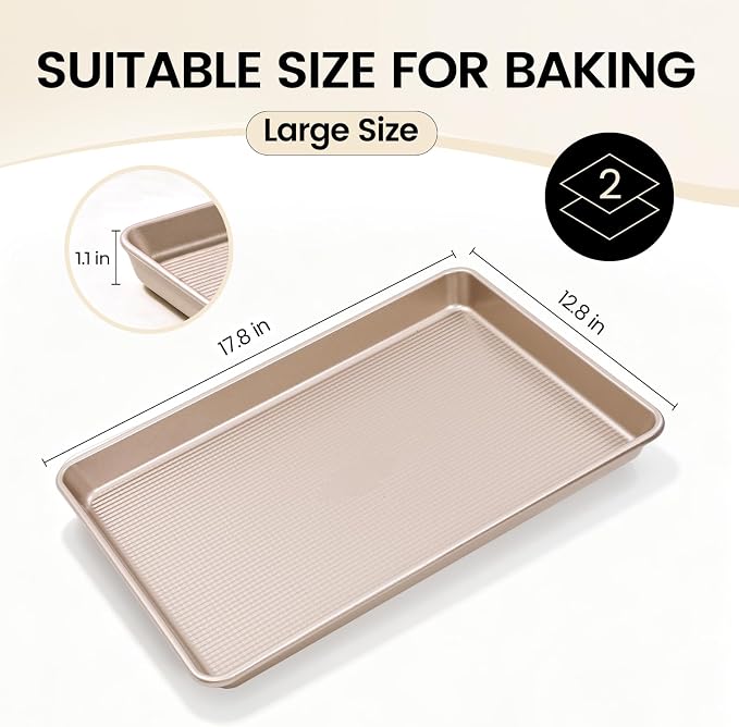 Vinino 17Inch Baking Sheet Set of 2, Cookie Sheets For Baking with Square Texture Pattern, Thicker Carbon Steel Non-stick Baking Pan, Half Roll Pans Tray for Oven