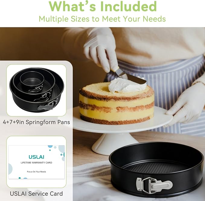 USLAI 4+7+9 Inch Nonstick Springform Pan, Leak-Resistant Cheesecake Pan | Carbon Steel Springform Pan Set, 3 Sizes, Nonstick Leakproof, Removable Bottom, for Cheesecake & Pie Baking