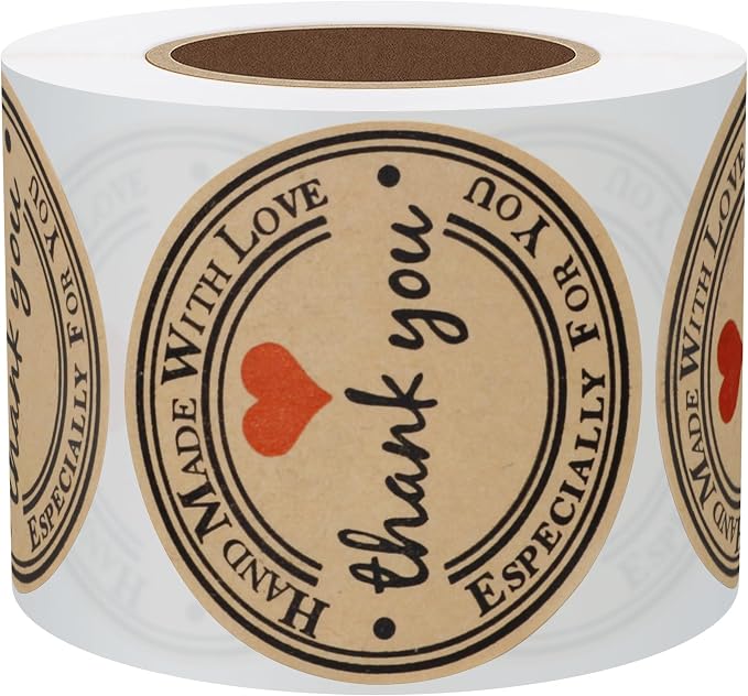 Hybsk Kraft Thank You Hand Made with Love with Red Heart Stickers 2 Inch Round Total 300 Adhesive Labels Per Roll