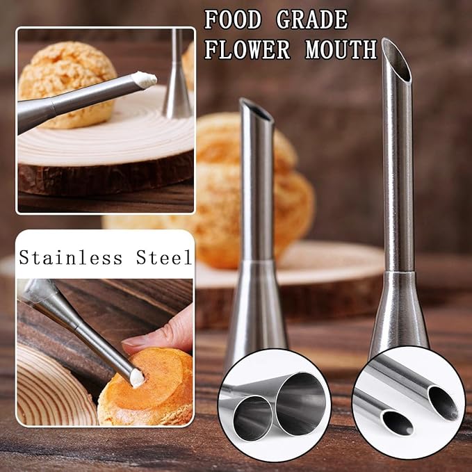 12 PCS Cream Icing Piping Nozzle Tip Stainless Steel Long Cream Puff Piping Tips Cake Decorating Tools Multipurpose Pastry Piping for Small Pastries Puffs Cupcakes Filling Donuts Other Pastries