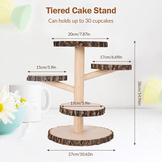 GENMOUS Wooden Farmhouse Style Cake Stand, 5-Tired Wedding Cake Stand Wood & Display Serving Tray Platter, for Appetizers Desserts Charcuterie Board