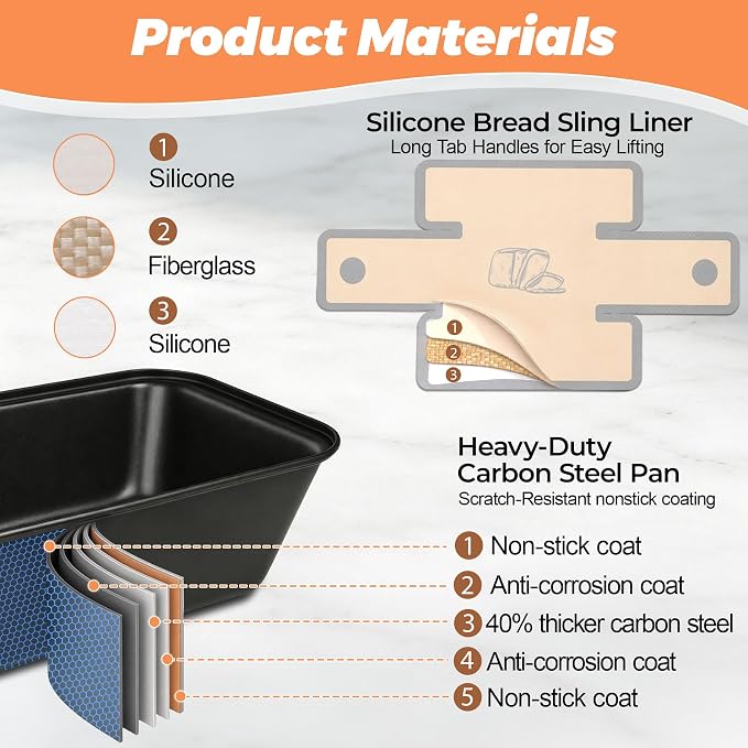 HOTEC Bread Loaf Pan with Liner Set of 4, Nonstick Bread Pans for Homemade Bread with Silicone Bread Sling Liners for Easy Release, Even Heat Distribution Bakeware for Meatloaf Lasagna Cake