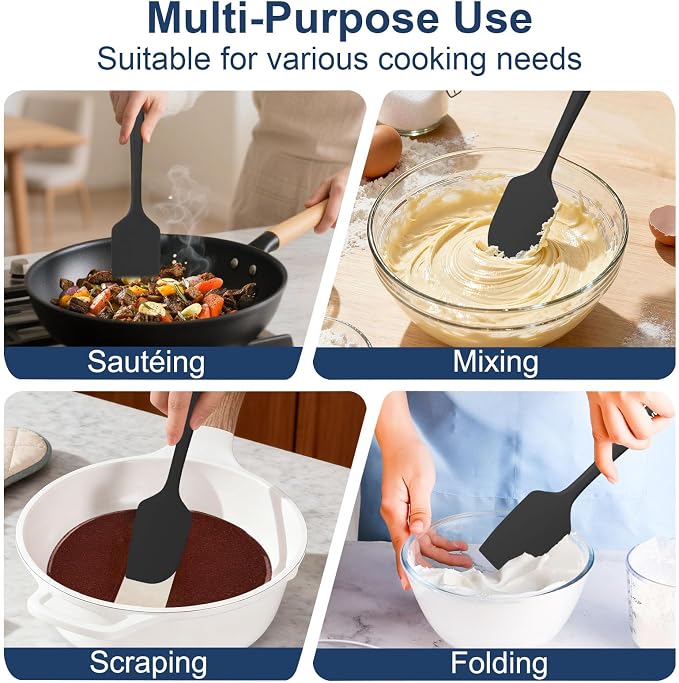 4 Pcs Silicone Spatula Set, 11.4 In, 600°F Heat Resistant Rubber Spatulas for Baking, Cooking & Mixing, Flexible and Non-Stick Kitchen Utensils, Seamless & Dishwasher Safe (Black)