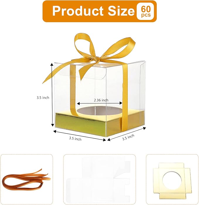 60 Pcs Clear Plastic Cupcake Boxes 3.5 inch Gold Single Cupcake Containers Individual Cupcake Boxes, Gold Carriers with Ribbons and Inserts for Wedding Birthday Party Favor Containers