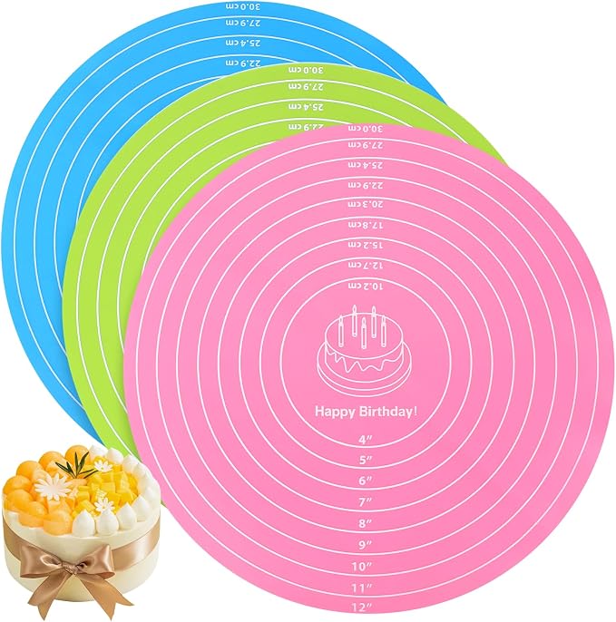 TIESOME 3 Pcs Round Silicone Baking Mat, 12 Inch (30cm) Silicone Rolling Mat With Measurements, Reusable Non-Stick Heat Resistant Baking Sheet for Dough, Fondant, Cookie & Pizza (Blue Pink Green)