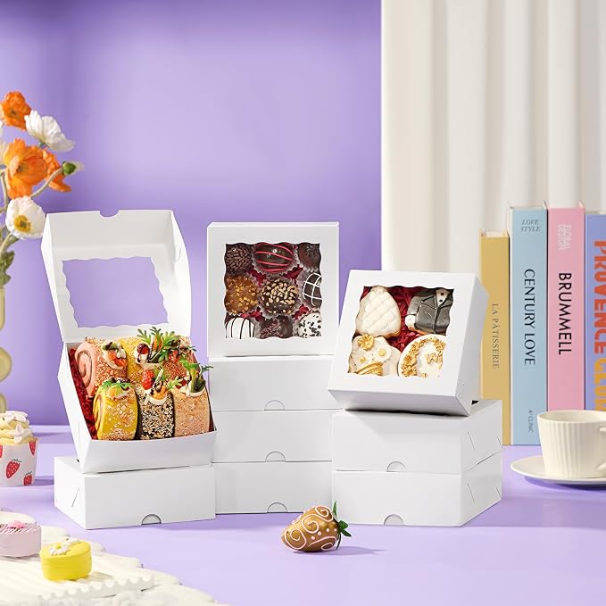 100 Pcs Bakery Boxes-5x5x2 Inch with Window-Cookies, Mini Cakes, Chocolate Covered Strawberries, Macarons, Pies & Brownie Boxes
