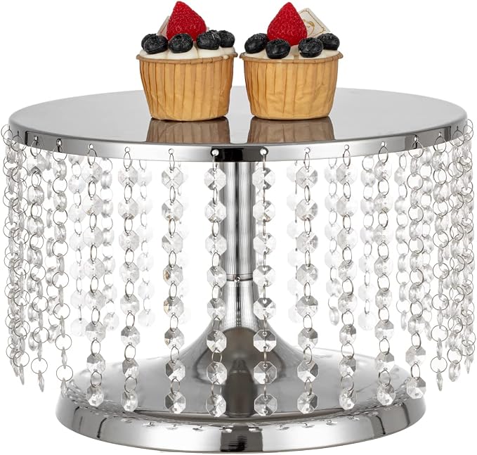 Cake Stand for Dessert Table 12 Inch Silver Crystal Pendants Metal Cake Stand Serves as A Round Dessert Cupcake Display Plate for Table, Wedding, Party, Event