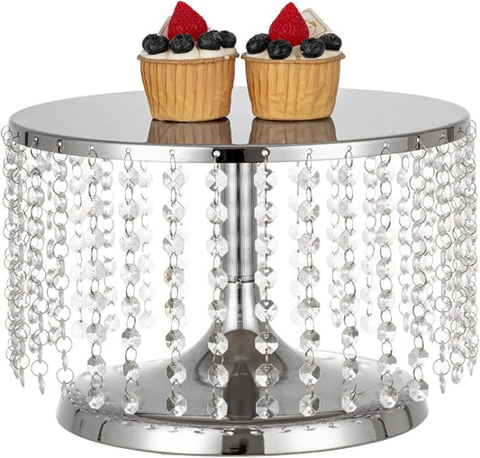 Cake Stand for Dessert Table 12 Inch Silver Crystal Pendants Metal Cake Stand Serves as A Round Dessert Cupcake Display Plate for Table, Wedding, Party, Event