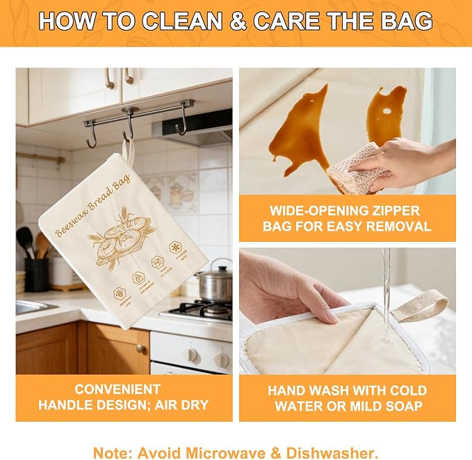 New Zipper Beeswax Bread Bags for Sourdough, 13x17" Reusable Bread Bag | Breathable Bees Wax Bread Bag with Wide Zipper, Freezer Safe Beeswax Bags for Bread, Homemade Bread Storage